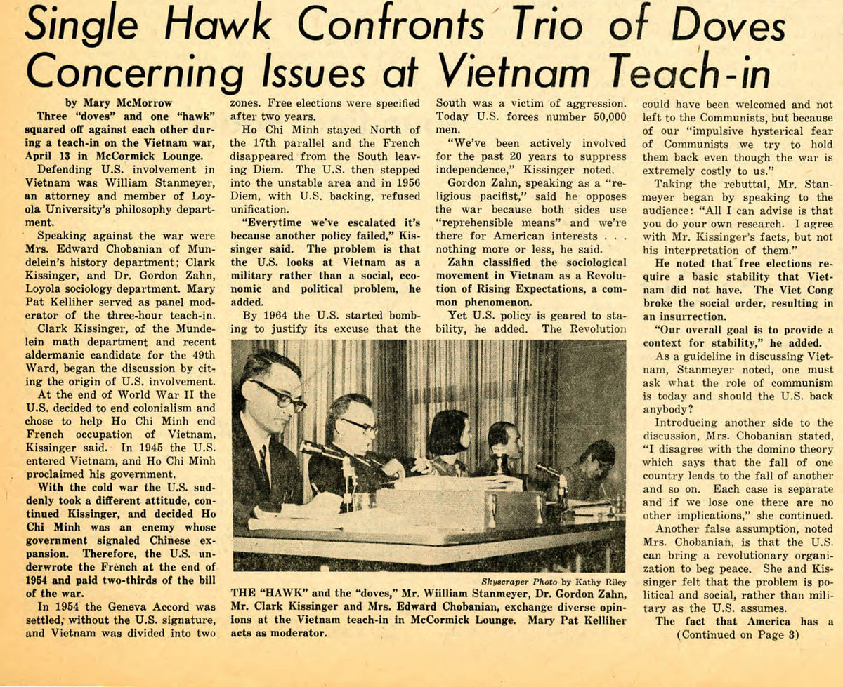 “Single Hawk Confronts Trio of Doves Concerning Issues at Vietnam Teach-In,” Skyscraper, April 26, 1967